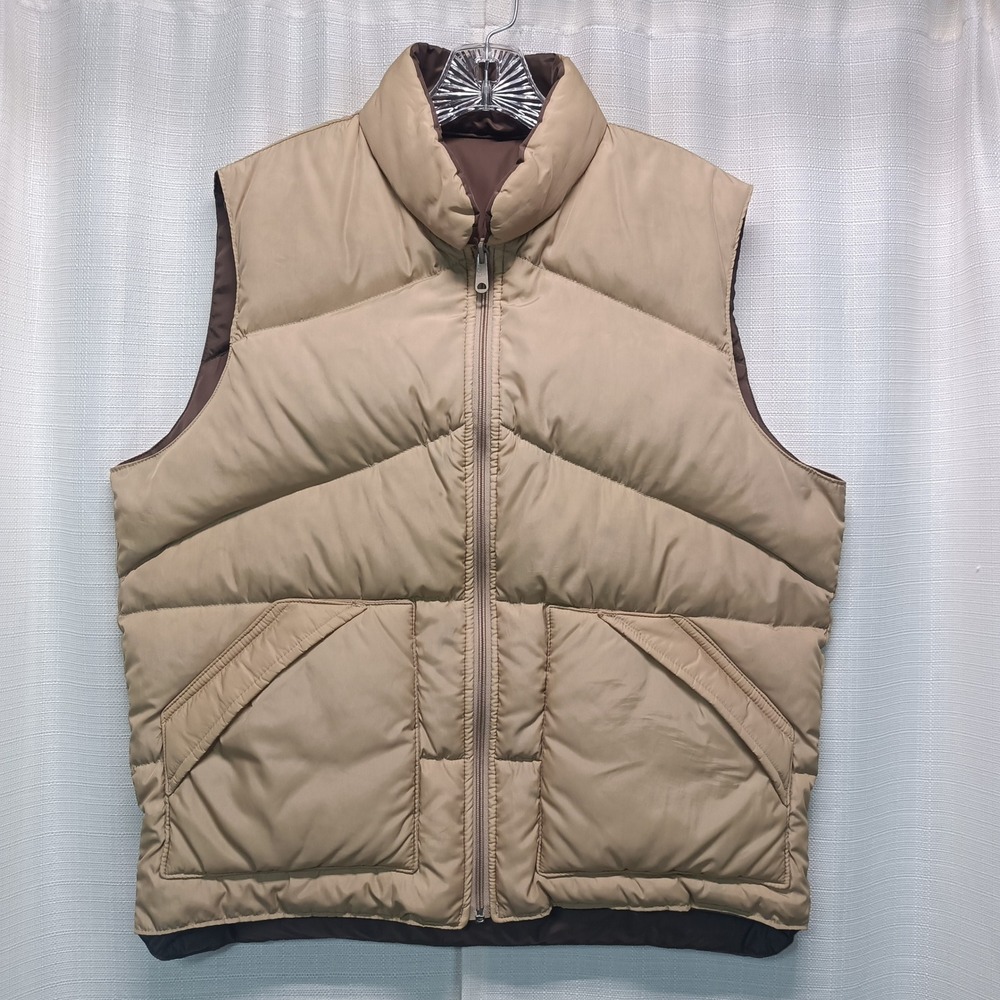Vintage Atlas Mens XL Goose Down Puffer Vest Tan Brown Chevron Quilted Gorpcore